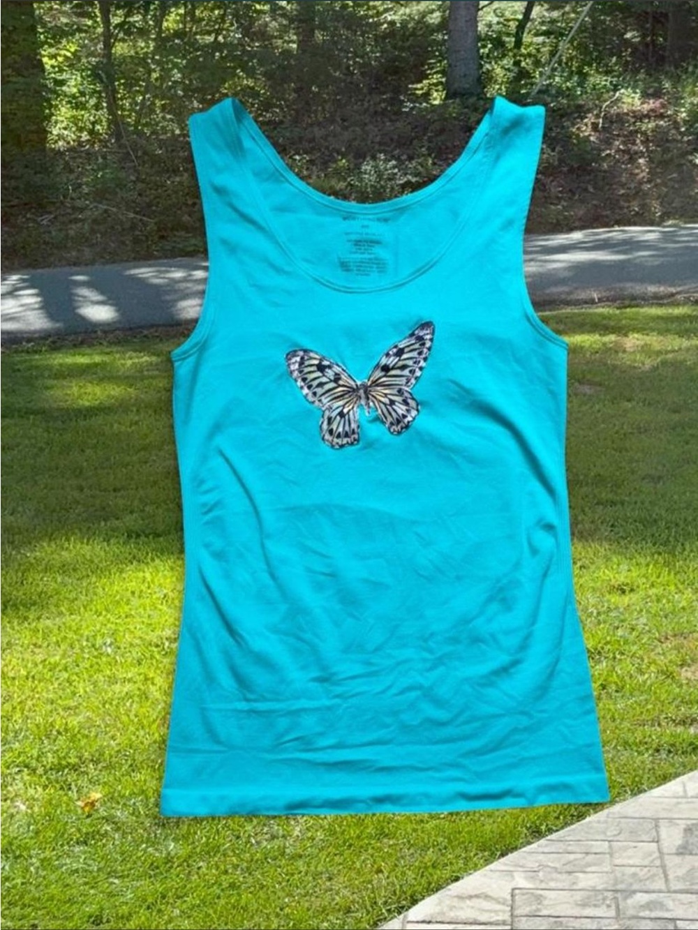 Y2K 2000s Coquette Turquoise Teal Blue Tank Top with Embroidered Butterfly